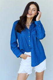 Doublju Blue Jean Baby Denim Button Down Shirt Top in Dark Blue - Fashionmj