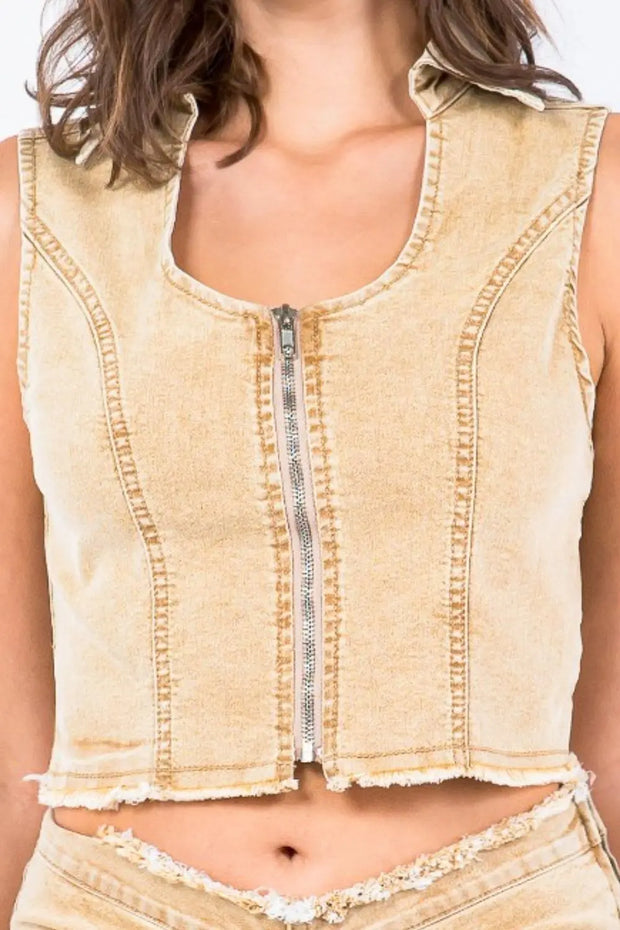 American Bazi Zip Up Washed Crop Denim Vest - Fashionmj