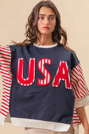 BiBi USA Letter Patchwork Contrast Short Sleeve T-Shirt - Fashionmj