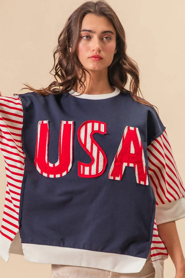 BiBi USA Letter Patchwork Contrast Short Sleeve T-Shirt - Fashionmj