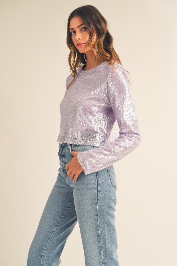 MABLE Shoulder Padded Sequin Crop Top - Fashionmj