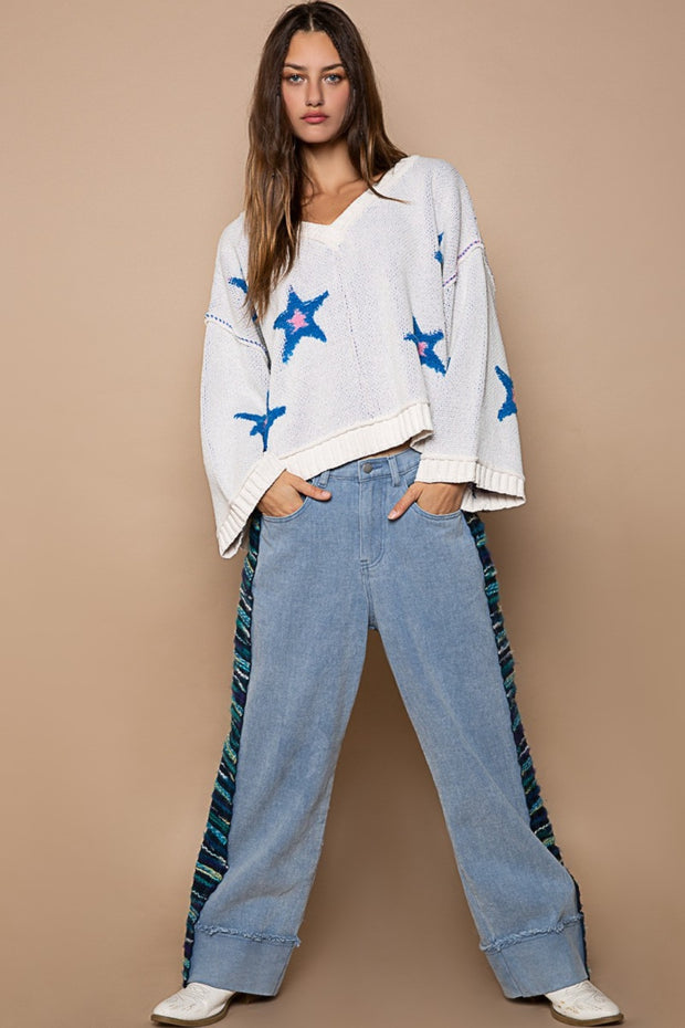 POL Long Sleeve Star Patch Sweater - Fashionmj