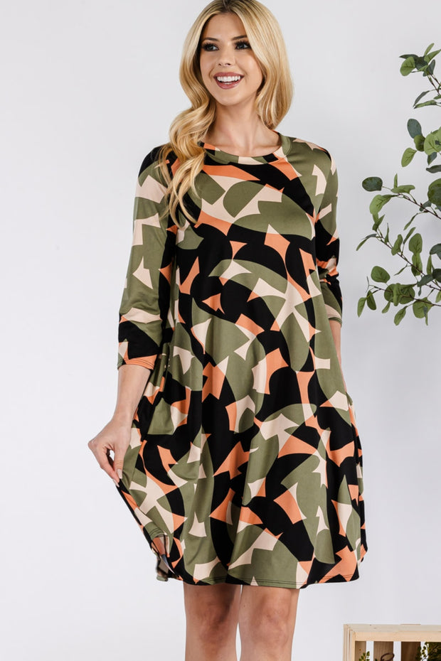 Celeste Full Size Geometric Round Neck Dress with Pockets - Fashionmj