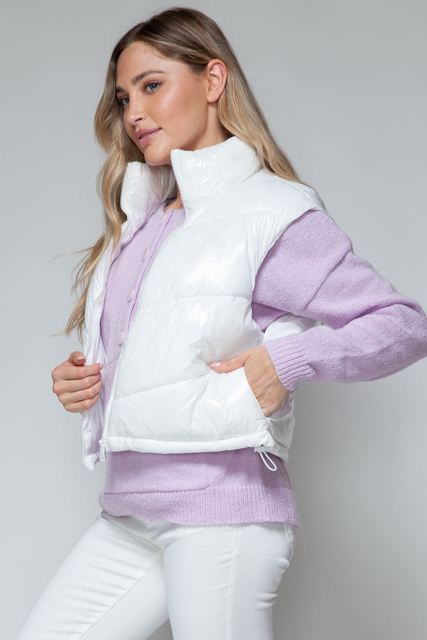 Snobbish Zip Up Turtleneck Shiny Quilted Vest - Fashionmj