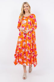 Celeste Full Size Pick-Up Hem Asymmetric Floral Midi Dress - Fashionmj