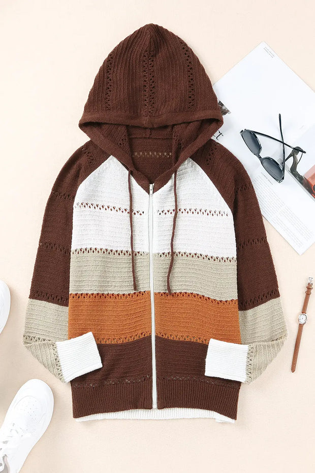 Zip-Up Raglan Sleeve Openwork Hooded Cardigan - Fashionmj