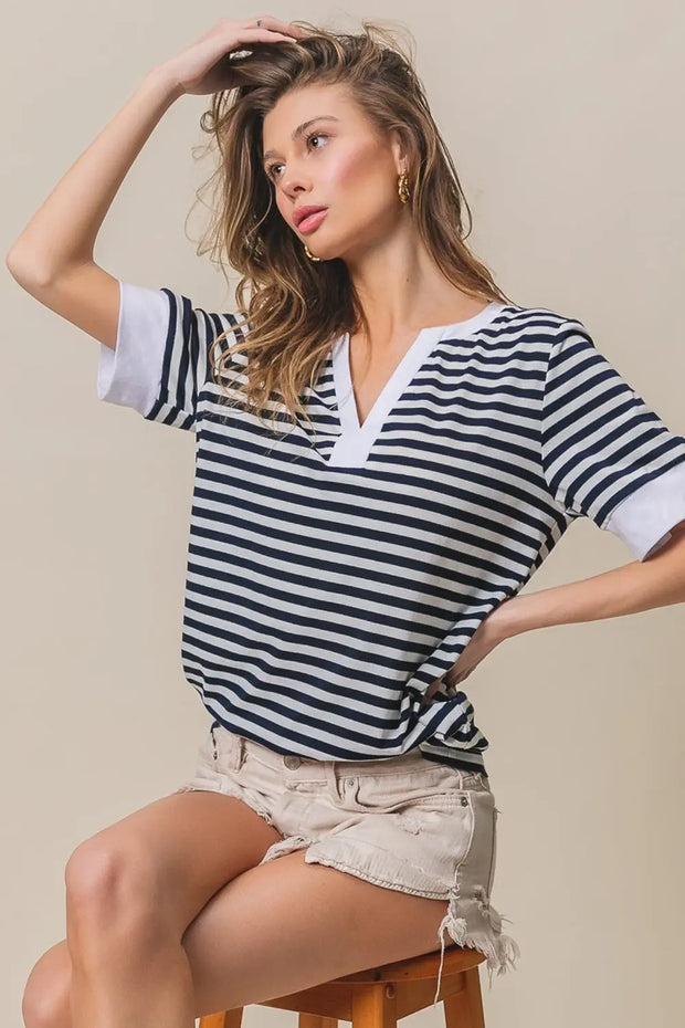 BiBi Contrast Striped Notched Knit Top - Fashionmj