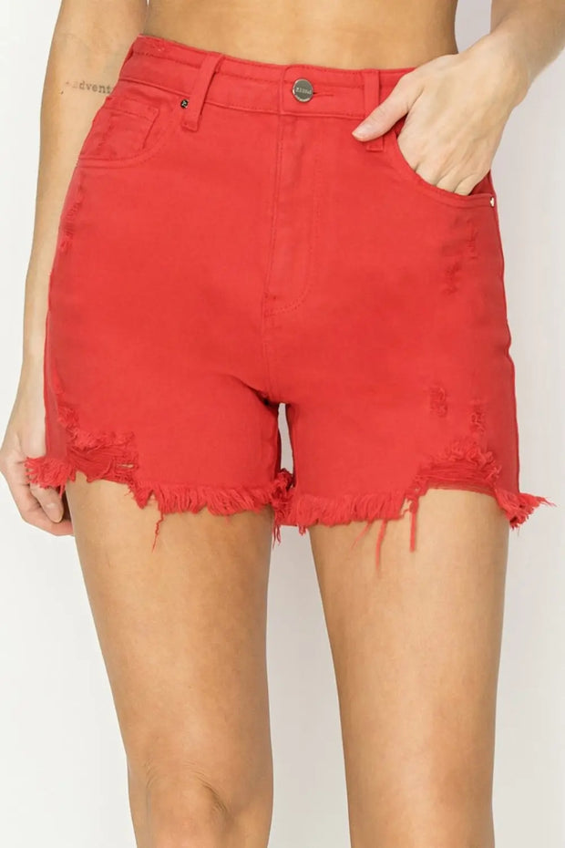 RISEN High Rise Distressed Denim Shorts - Fashionmj