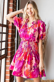 First Love Floral Short Sleeve Smocked Mini Dress - Fashionmj