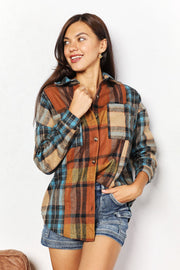 Double Take Plaid Curved Hem Shirt Jacket with Breast Pockets - Fashionmj