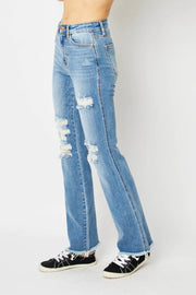 Judy Blue Full Size Distressed Raw Hem Bootcut Jeans - Fashionmj