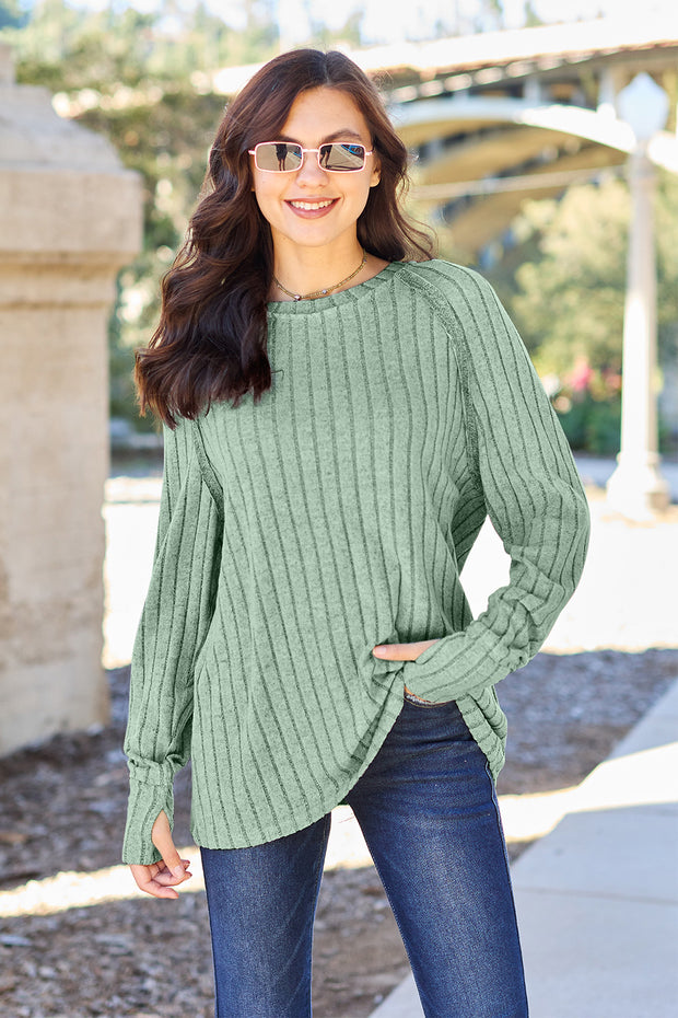 Basic Bae Full Size Ribbed Round Neck Long Sleeve Knit Top - Fashionmj