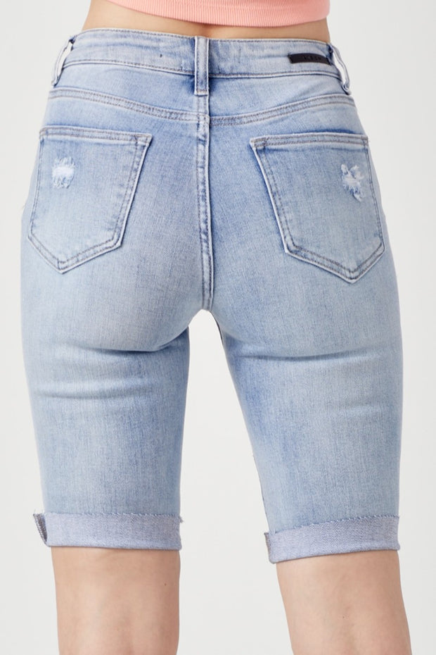 RISEN High Rise Distressed Denim Bermuda Shorts - Fashionmj