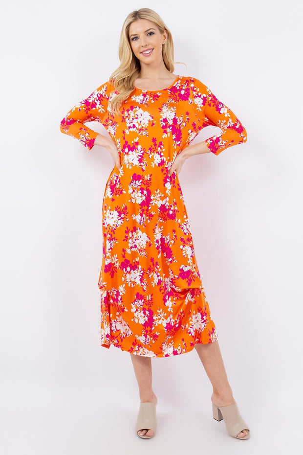 Celeste Full Size Pick-Up Hem Asymmetric Floral Midi Dress - Fashionmj