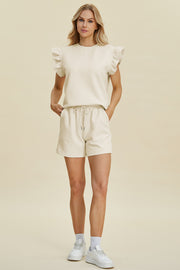 Double Take Full Size Texture Round Neck Ruffle Sleeve Top and Shorts Set - Fashionmj