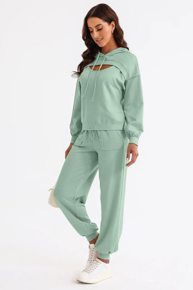 Cutout Drawstring Hoodie and Joggers Active Set - Fashionmj