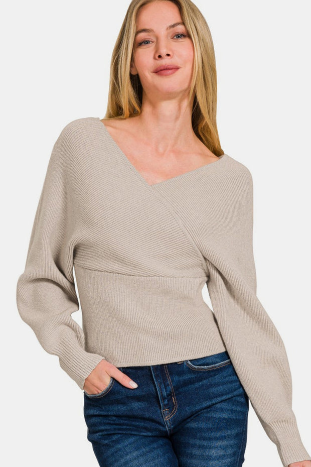 Zenana Cross Wrap Rib Long Sleeve Sweater - Fashionmj