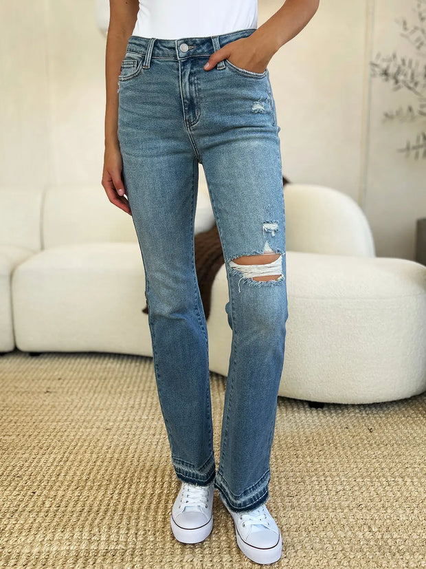 Judy Blue Full Size Mid Rise Destroyed Hem Distressed Jeans - Fashionmj