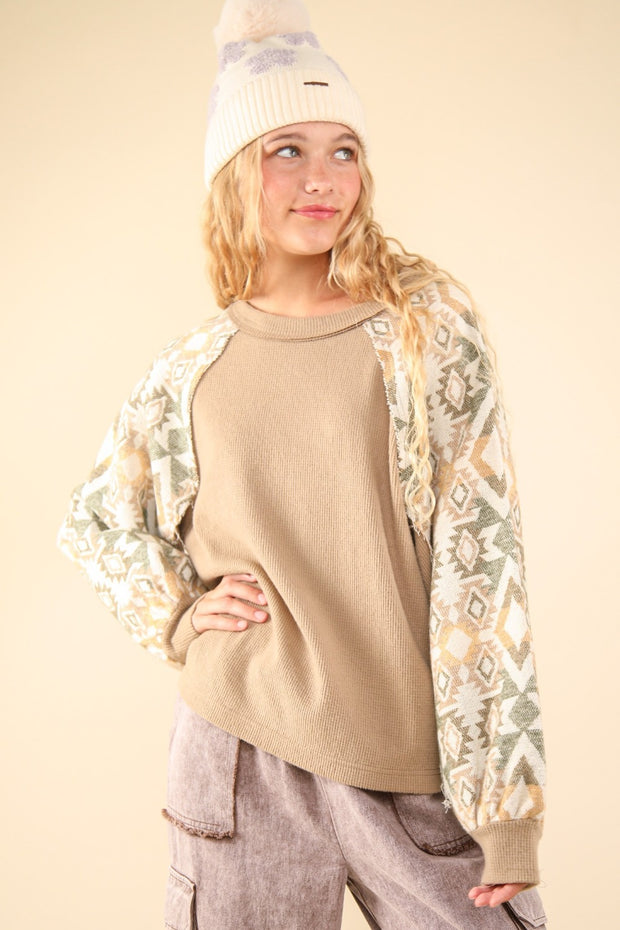 VERY J Printed Long Sleeve Round Neck Knit Top - Fashionmj