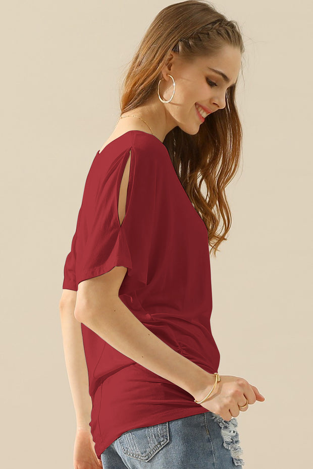 Ninexis Boat Neck Short Sleeve Ruched Side Top - Fashionmj