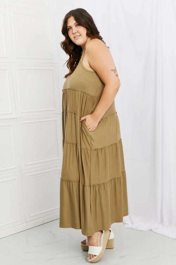 Zenana Full Size Spaghetti Strap Tiered Dress with Pockets in Khaki - Fashionmj