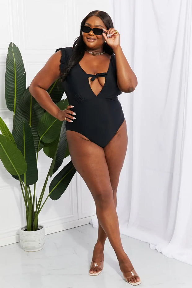 Marina West Swim Seashell Ruffle Sleeve One-Piece in Black - Fashionmj