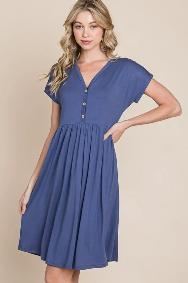 BOMBOM V-Neck Short Sleeve Dress - Fashionmj