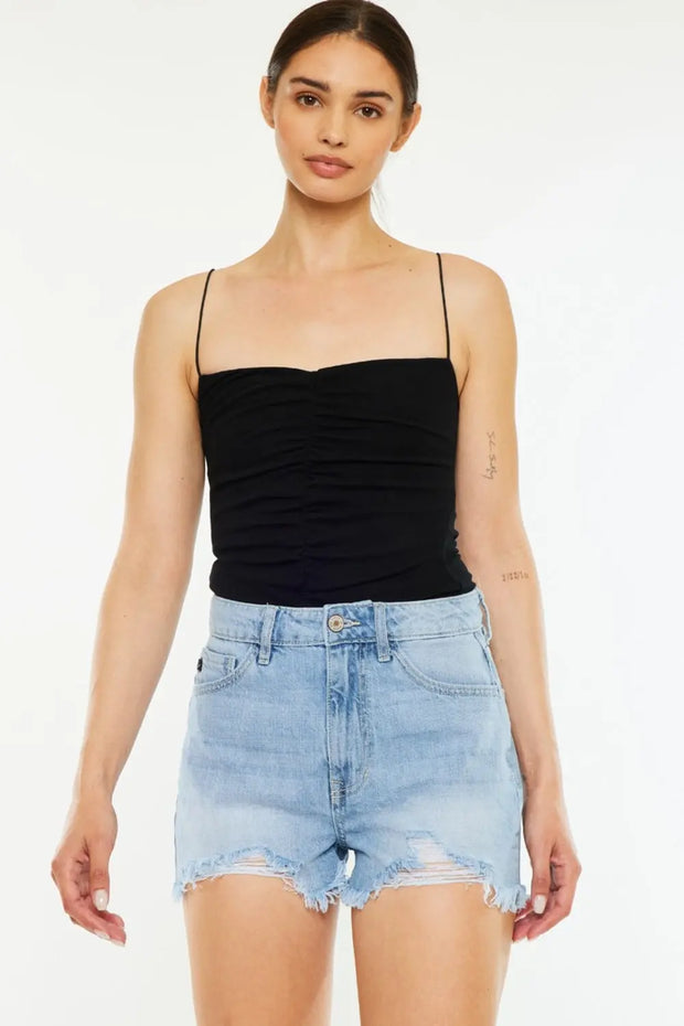 Kancan Raw Hem Distressed High Waist Denim Shorts - Fashionmj