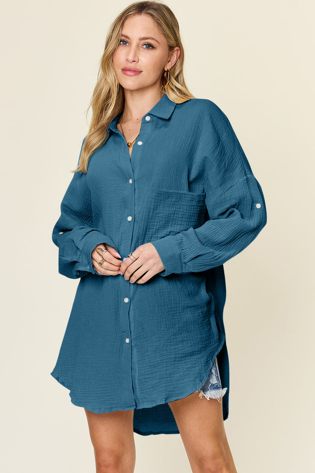 Double Take Full Size Pocketed Texture Button Up Shirt - Fashionmj