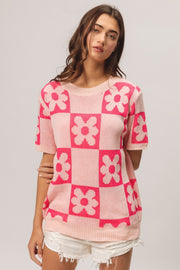 BiBi Flower Checker Pattern Short Sleeve Sweater - Fashionmj