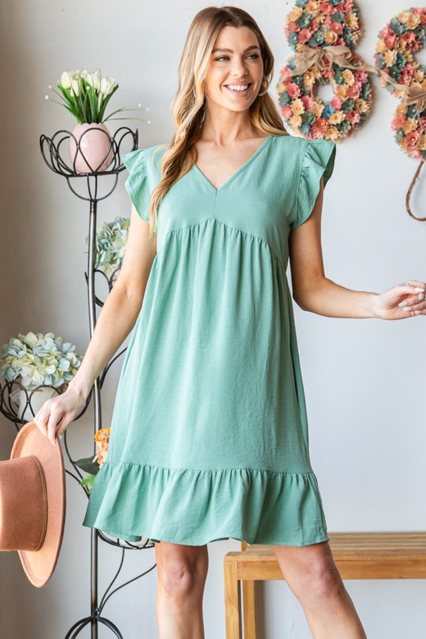 Heimish Full Size Short Sleeve V Neck Ruffled Hem Dress - Fashionmj