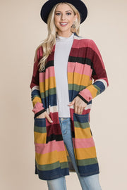 BOMBOM Color Block Striped Open Front Cardigan - Fashionmj