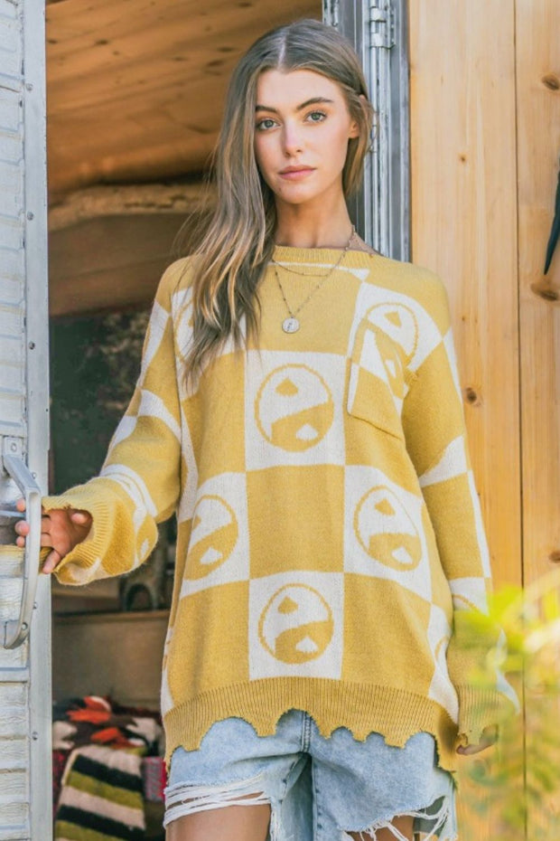 And The Why Checkerboard Sweater with Yin Yang Pattern - Fashionmj