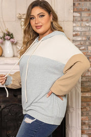 Plus Size Color Block Drawstring Long Sleeve Hoodie - Fashionmj