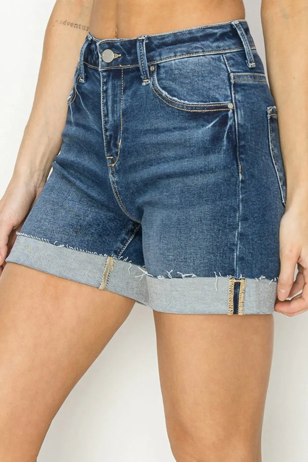 RISEN High Rise Cuffed Denim Shorts - Fashionmj