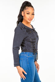 American Bazi Off Shoulder Lace Up Denim Jacket - Fashionmj