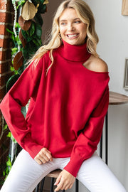 First Love Cut Out Shoulder Turtleneck Sweater - Fashionmj