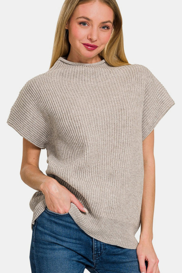 Zenana Short Sleeve Mock Neck Sweater - Fashionmj