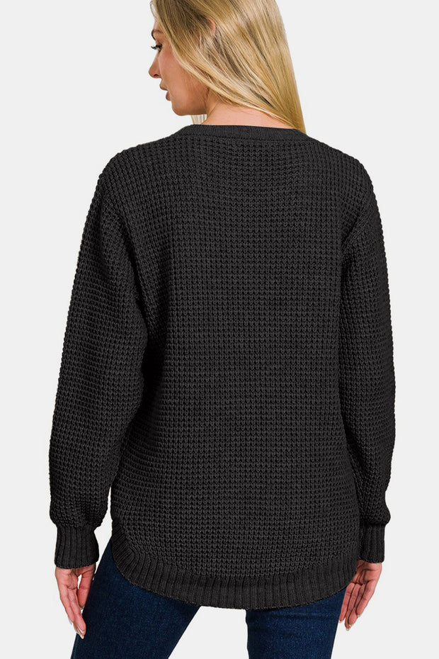 Zenana High Low Long Sleeve Waffle Sweater - Fashionmj