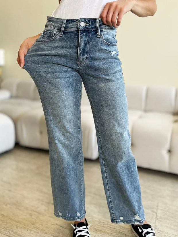 Judy Blue Full Size High Waist Distressed Straight Jeans - Fashionmj