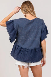 SAGE + FIG Ruffle Sleeve Washed Short Sleeve Blouse - Fashionmj