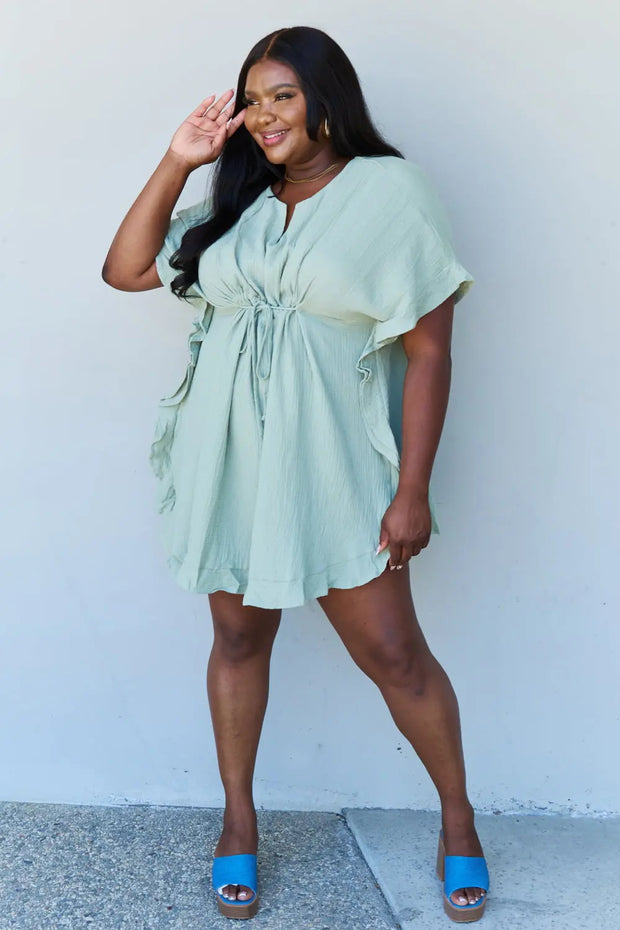 Ninexis Out Of Time Full Size Ruffle Hem Dress with Drawstring Waistband in Light Sage - Fashionmj