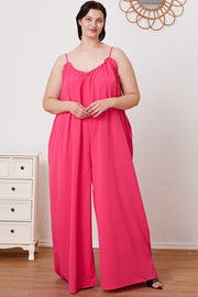 Double Take Full Size Ruffle Trim Tie Back Cami Jumpsuit with Pockets Trendsi