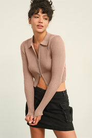 HYFVE Ribbed Double Zip Cropped Cardigan - Fashionmj