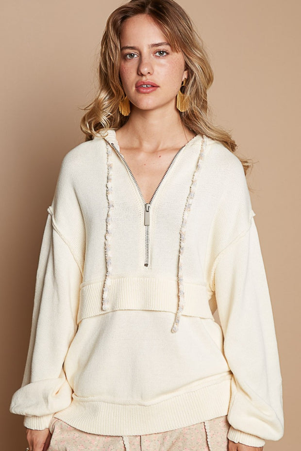 POL Half Zip Drop Shoulder Hooded Sweater - Fashionmj