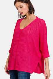 Zenana V-Neck High-Low Jacquard Knit Top - Fashionmj