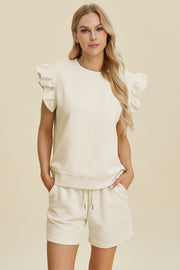 Double Take Full Size Texture Round Neck Ruffle Sleeve Top and Shorts Set - Fashionmj