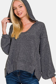 Zenana Brushed Hacci Exposed Seam Hoodie - Fashionmj