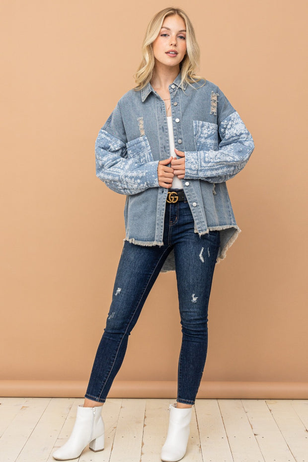 And The Why Full Size Paisley Print Quilted Sleeves Denim Jacket - Fashionmj