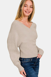 Zenana Cross Wrap Rib Long Sleeve Sweater - Fashionmj